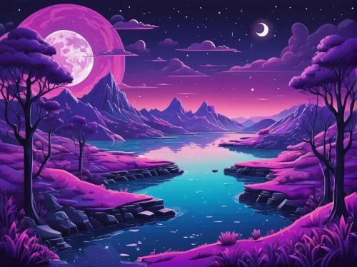 purple landscape,purple moon,ipê-purple,lunar landscape,fantasy landscape,purple wallpaper,moonscape,wall,purple background,valley of the moon,futuristic landscape,purple and pink,mushroom landscape,moon valley,purple,landscape background,pink-purple,lagoon,alien planet,lunar,Unique,3D,Isometric