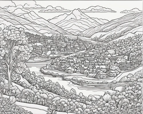 coloring page,coloring pages,mountain village,villages,artvin,alpine village,line drawing,meteora,escher village,mountain settlement,valley,ticino,panoramic landscape,mountainous landscape,pen drawing,coloring picture,high rhône valley,mountain scene,landscape,vaud,Illustration,Black and White,Black and White 14