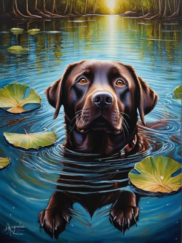 dog in the water,chesapeake bay retriever,labrador retriever,oil painting on canvas,chocolate labrador,water dog,boykin spaniel,sussex spaniel,field spaniel,oil painting,retriever,labrador,pont-audemer spaniel,german shorthaired pointer,oil on canvas,spaniel,australian kelpie,hunting dog,brown dog,art painting,Illustration,Abstract Fantasy,Abstract Fantasy 14