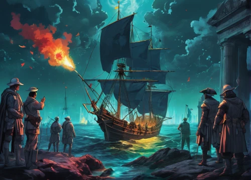 caravel,game illustration,galleon,galleon ship,ship releases,key-hole captain,east indiaman,maelstrom,mayflower,sloop-of-war,pirate ship,pirate treasure,nautical banner,pirates,jolly roger,seafaring,scythe,pirate flag,the people in the sea,pirate,Conceptual Art,Daily,Daily 24