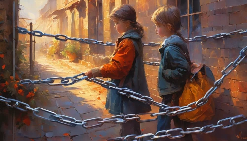 school children,girl and boy outdoor,children studying,children,little boy and girl,young couple,oil painting,chain fence,monks,captivity,oil painting on canvas,pilgrims,summer evening,childs,private school,the evening light,in the evening,boy and girl,children of war,travelers,Conceptual Art,Oil color,Oil Color 03