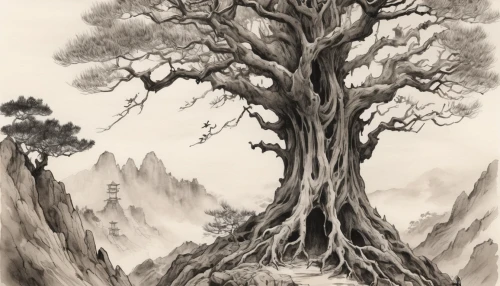 the japanese tree,bodhi tree,chinese art,the roots of trees,tree and roots,dragon tree,silk tree,flourishing tree,old tree,oriental painting,old-growth forest,luo han guo,hokka tree,cool woodblock images,fig tree,rosewood tree,vinegar tree,sacred fig,forest tree,the branches of the tree,Illustration,Paper based,Paper Based 30