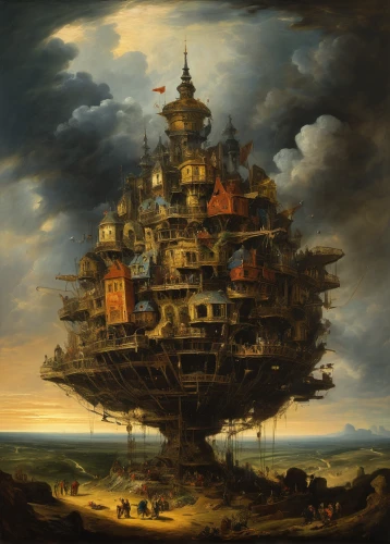 tower of babel,floating island,panopticon,baron munchausen,very large floating structure,fantasy art,mushroom island,galleon ship,galleon,ancient house,artificial island,full stack developer,tree house,floating islands,sea fantasy,fantasy picture,ancient city,post-apocalyptic landscape,fractals art,hanging houses,Art,Classical Oil Painting,Classical Oil Painting 08