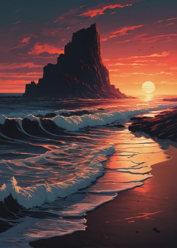 coast sunset,seascape,beach landscape,sea landscape,digital painting,mountain beach,beach scenery,world digital painting,dark beach,coastal landscape,sand coast,dune sea,ocean,sunset beach,dream beach,sunrise beach,the endless sea,sea-shore,cliffs ocean,sea night,Conceptual Art,Fantasy,Fantasy 32