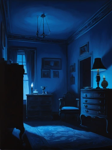 blue room,blue lamp,blue painting,blue pillow,night scene,blue light,nocturnes,a dark room,mazarine blue,blue hour,sleeping room,nightstand,nightlight,blue moment,midnight blue,the little girl's room,blue rain,bedroom,night image,danish room,Illustration,Retro,Retro 02