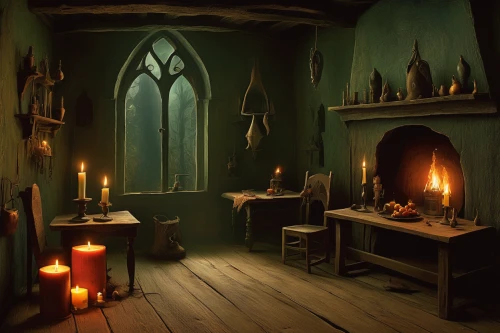candlemaker,witch's house,witch house,apothecary,dark cabinetry,fireplaces,dandelion hall,fireplace,hearth,the little girl's room,candle wick,candlelights,potions,victorian kitchen,a dark room,consulting room,hogwarts,crypt,burning candles,candlelight,Illustration,Abstract Fantasy,Abstract Fantasy 16