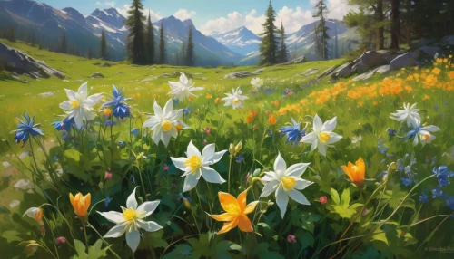 alpine meadow,alpine flowers,mountain meadow,avalanche lily,lilies of the valley,alpine meadows,wild tulips,salt meadow landscape,wildflowers,flower painting,meadow flowers,field of flowers,spring meadow,spring background,flower meadow,springtime background,summer meadow,meadow landscape,flower field,flower background,Conceptual Art,Fantasy,Fantasy 12