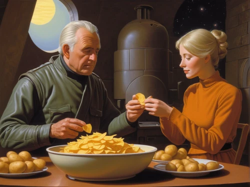 fondue,grana padano,canarian wrinkly potatoes,cheese fondue,kraft,crisps,quark cheese,grant wood,soup kitchen,potatoes,jackfruit,potato crisps,star trek,chips,astronomers,cheese puffs,jacket potatoes,yellow mustard,marzipan potatoes,purée,Conceptual Art,Sci-Fi,Sci-Fi 15