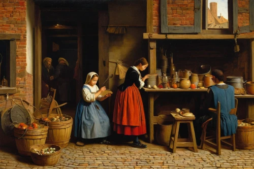 girl in the kitchen,brandy shop,candlemaker,merchant,woman shopping,woman holding pie,basket maker,woman with ice-cream,girl with bread-and-butter,woman drinking coffee,woman hanging clothes,winemaker,peddler,flemish,barmaid,kitchen shop,shoemaking,bellini,the sale,tinsmith,Art,Classical Oil Painting,Classical Oil Painting 41