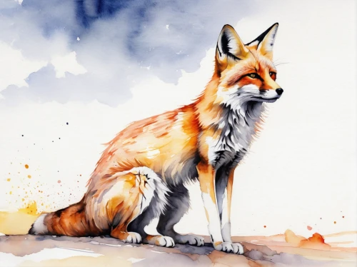 watercolour fox,red fox,vulpes vulpes,fox,redfox,a fox,garden-fox tail,aglais,kit fox,desert fox,swift fox,watercolor painting,little fox,watercolor,watercolour,cute fox,fox in the rain,fox hunting,foxes,fox and hare,Illustration,Paper based,Paper Based 20