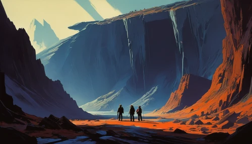 guards of the canyon,canyon,fallen giants valley,futuristic landscape,chasm,travelers,barren,hikers,cliffs,vast,exploration,digital nomads,slot canyon,borealis,earth rise,glacier,dead vlei,old earth,travel poster,alien world,Conceptual Art,Sci-Fi,Sci-Fi 23