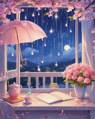 romantic night,romantic scene,evening atmosphere,hanging stars,fantasy picture,summer evening,bedroom window,moon and star background,children's background,starry sky,landscape background,rainbow and stars,dream world,sakura background,idyllic,night scene,japanese sakura background,flower background,night stars,floral background,Illustration,Japanese style,Japanese Style 01