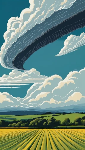 mushroom landscape,fields of wind turbines,stratocumulus,farm landscape,flying saucer,cloud formation,cloud bank,rural landscape,plains,cloud image,airships,panoramical,wheat field,futuristic landscape,wheat fields,dutch landscape,grain field,high landscape,hindenburg,cloudscape,Illustration,Vector,Vector 14