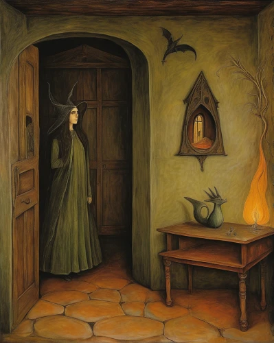 witch house,witch's house,the threshold of the house,candlemaker,the annunciation,the witch,hearth,fairy door,fireplace,fireplaces,cuckoo clock,the little girl's room,cauldron,dark cabinetry,girl in the kitchen,threshold,zwartnek arassari,flickering flame,woman house,fairy tale character,Illustration,Abstract Fantasy,Abstract Fantasy 16
