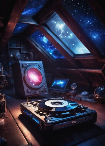 ufo interior,retro turntable,vinyl player,space art,thorens,research station,music workstation,spaceship space,planetarium,the record machine,vinyl records,the gramophone,record player,musical dome,voyager golden record,astronomy,astronomer,spacecraft,sound space,music system,Conceptual Art,Sci-Fi,Sci-Fi 30