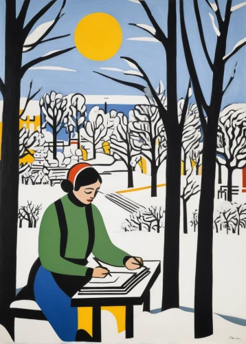 snow scene,work in the garden,winter landscape,winter background,illustrator,snow drawing,forest workplace,man with a computer,book illustration,snow landscape,in the winter,woodblock prints,cool woodblock images,telework,olle gill,woodblock printing,remote work,russian winter,sewing silhouettes,freelance,Art,Artistic Painting,Artistic Painting 39