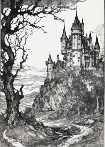 fairy tale castle,haunted castle,magic castle,ghost castle,castle of the corvin,witch's house,water castle,fairytale castle,knight's castle,fairy tales,children's fairy tale,castles,fairy tale,hand-drawn illustration,vintage illustration,castle,witch house,bethlen castle,fantasy world,a fairy tale,Illustration,Retro,Retro 25