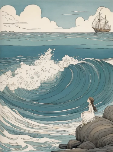 kate greenaway,the sea maid,the wind from the sea,at sea,rogue wave,sea landscape,stormy sea,man at the sea,edward lear,the sea,the people in the sea,the endless sea,seafaring,sea storm,vintage illustration,exploration of the sea,open sea,japanese waves,seascape,god of the sea,Illustration,Black and White,Black and White 29