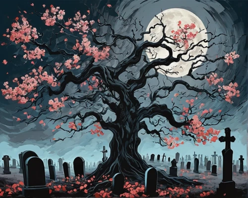 halloween background,halloween illustration,halloween poster,graveyard,life after death,halloween wallpaper,burial ground,cherry tree,japanese sakura background,sakura tree,cherry blossom tree,halloween bare trees,old graveyard,necropolis,cemetary,resting place,halloween and horror,gravestones,memento mori,dance of death,Conceptual Art,Oil color,Oil Color 24