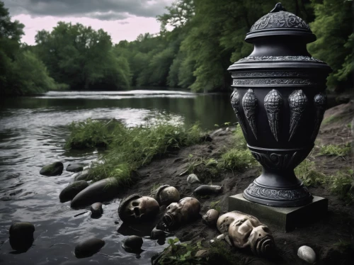 stone lamp,stone balancing,water and stone,riverbank,river landscape,stone fountain,river,decorative fountains,the night of kupala,a river,river side,the source of the danube,water hydrant,raven river,vintage lantern,rock balancing,river view,carpathian bells,water pump,river of life project,Illustration,Realistic Fantasy,Realistic Fantasy 47