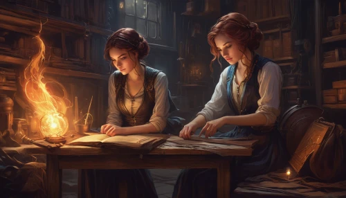 children studying,candlemaker,girl studying,tutor,witches,librarian,scholar,tutoring,game illustration,sci fiction illustration,alchemy,magic grimoire,divination,study,readers,fire artist,two girls,magic book,potions,apothecary,Conceptual Art,Fantasy,Fantasy 17