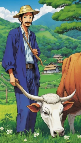 oxen,straw hats,straw hat,mountain cows,yamada's rice fields,farmer,livestock farming,moo,zebu,agricultural,cow,agroculture,hokkaido,agriculture,ox,alpine cow,stock farming,vietnam,watusi cow,咕噜肉,Illustration,Japanese style,Japanese Style 05