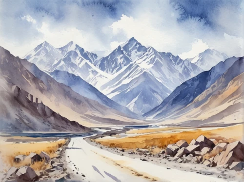 the pamir highway,the pamir mountains,ladakh,pamir,karakoram,everest region,himalayas,himalayan,braided river,himalaya,watercolour,grosser aletsch glacier,leh,watercolor,watercolor background,mountain scene,mt cook,central tien shan,watercolor painting,mount kahuranaki,Illustration,Paper based,Paper Based 25