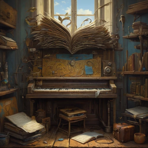 piano books,music chest,the piano,music book,music books,pianos,study room,piano,music instruments,player piano,playing room,pianet,book antique,musical instruments,harpsichord,hymn book,grand piano,instruments,musical background,magic book,Illustration,Realistic Fantasy,Realistic Fantasy 28