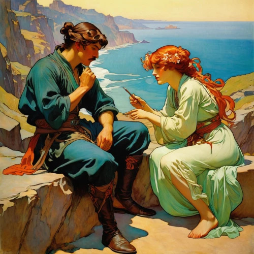 children studying,young couple,idyll,conversation,the listening,serenade,romantic scene,e-book readers,italian painter,readers,courtship,orientalism,proposal,love letter,knitting,vintage illustration,girl studying,the flute,romance novel,as a couple,Illustration,Retro,Retro 03