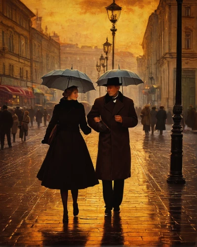 vintage man and woman,man with umbrella,golden rain,walking in the rain,romantic scene,watercolor paris,romantic portrait,evening atmosphere,oil painting on canvas,man and woman,italian painter,lev lagorio,vintage boy and girl,paris clip art,universal exhibition of paris,moscow,warsaw,waltz,french digital background,nevsky avenue,Art,Classical Oil Painting,Classical Oil Painting 18