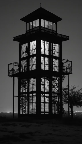 lifeguard tower,observation tower,lookout tower,fire tower,watchtower,stilt house,control tower,syringe house,blockhouse,light house,light station,play tower,toll house,electric lighthouse,structure silhouette,watertower,diving bell,birkenau,panopticon,steel tower,Photography,Black and white photography,Black and White Photography 05