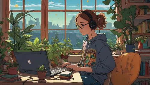 girl studying,girl at the computer,working space,workspace,work from home,work at home,freelancer,work space,home office,work in the garden,freelance,study room,windowsill,study,in a working environment,digital nomads,window sill,indoors,forest workplace,assistant,Illustration,Japanese style,Japanese Style 16