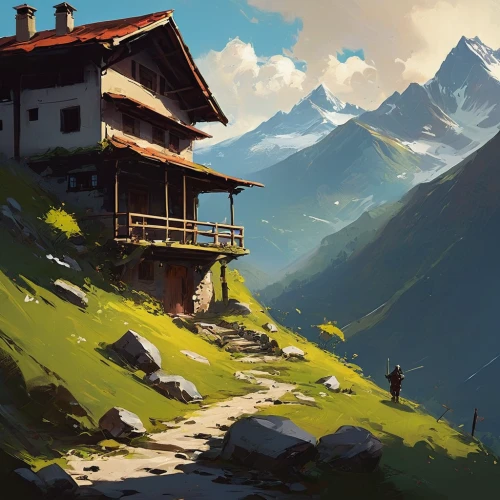 house in mountains,house in the mountains,mountain huts,alpine village,mountain hut,alpine hut,mountain settlement,home landscape,lonely house,mountain village,alpine crossing,alpine pastures,the cabin in the mountains,mountainside,little house,high alps,small house,alps,mountain station,the alps,Conceptual Art,Fantasy,Fantasy 06