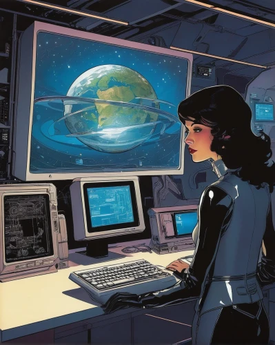 sci fiction illustration,cyberspace,women in technology,earth station,girl at the computer,computer room,virtual world,epcot spaceship earth,earth rise,switchboard operator,computer graphics,telephone operator,computer,night administrator,spacesuit,cosmonautics day,spacewalk,science fiction,scifi,astronomer,Conceptual Art,Daily,Daily 08