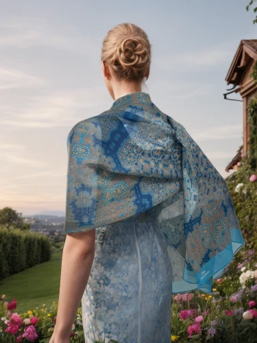 girl in the garden,mazarine blue,girl in a long dress from the back,kimono fabric,blue jasmine,raw silk,overskirt,handkerchief,girl in flowers,floral silhouette border,fabric flowers,sewing silhouettes,girl with cloth,girl picking flowers,hydrangea background,sanssouci,the garden society of gothenburg,woven fabric,summer pattern,kimono