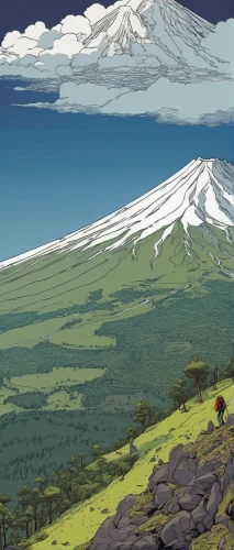 studio ghibli,volcanic landscape,mountain plateau,stratovolcano,giant mountains,japanese mountains,volcanic field,kilimanjaro,volcanic landform,mountain world,earth rise,would a background,high mountains,mount kilimanjaro,mountain,high landscape,fuji mountain,the volcano avachinsky,mountains,background image,Illustration,Vector,Vector 02