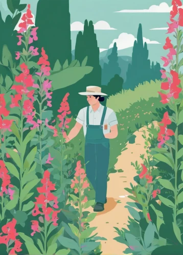 picking flowers,gardener,farmer in the woods,girl picking flowers,gardening,to the garden,garden work,work in the garden,nettles are full of flowers,lilly of the valley,herbaceous,foragers,farmer,flower garden,stroll,lilies of the valley,springtime background,girl in the garden,hiker,motherwort,Illustration,Japanese style,Japanese Style 06