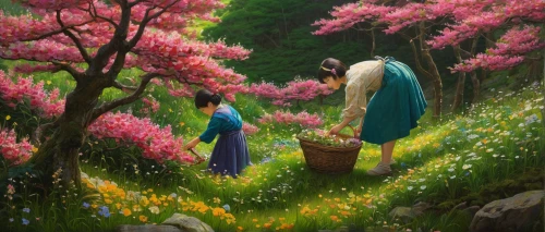 girl picking flowers,picking flowers,lilly of the valley,fairy forest,the annunciation,lily of the field,springtime background,spring blossoms,idyll,flower painting,flower garden,blooming field,lilies of the valley,splendor of flowers,in the spring,floral greeting,spring bloom,sakura trees,spring background,falling flowers,Illustration,Realistic Fantasy,Realistic Fantasy 08