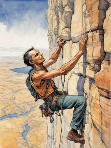 free solo climbing,rock climbing,men climber,rockclimbing,sport climbing,climbing harness,rock climber,climbing hold,mountain guide,via ferrata,mountaineer,climbing rope,free climbing,rock-climbing equipment,climbing equipment,sandstone wall,meticulous painting,belay device,alpine climbing,high-wire artist,Illustration,Realistic Fantasy,Realistic Fantasy 06