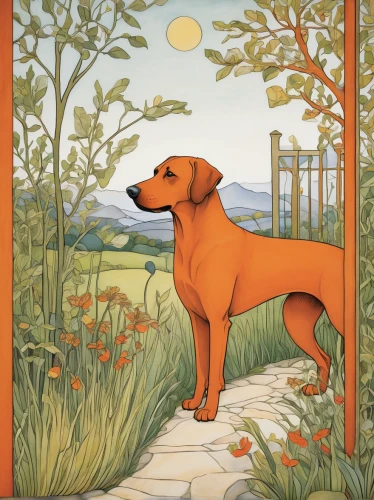 rhodesian ridgeback,vizsla,vizla,dog illustration,art nouveau frame,scent hound,redbone coonhound,lakeland terrier,bruno jura hound,hanover hound,art nouveau design,dog frame,art nouveau,canidae,art nouveau frames,bavarian mountain hound,aperol,dachshund,frame border illustration,red dog,Illustration,Retro,Retro 23