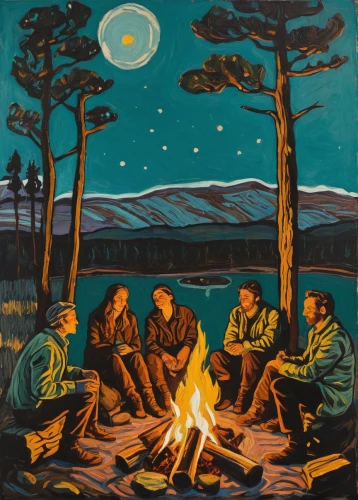 campfire,campfires,boy scouts of america,scouts,forest workers,boy scouts,camp fire,campers,khokhloma painting,olle gill,camping,night scene,men sitting,campsite,jätkäsaari,fireside,bannock,david bates,group of people,campground,Art,Artistic Painting,Artistic Painting 07