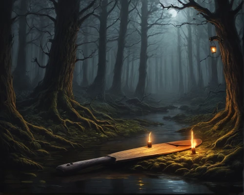 dugout canoe,sci fiction illustration,dulcimer,fantasy picture,world digital painting,sunken boat,tree torch,quarterstaff,bowie knife,canoeing,mystery book cover,light of night,game illustration,light bearer,torchlight,a flashlight,digital painting,canoe,the night of kupala,canoes,Illustration,Paper based,Paper Based 02
