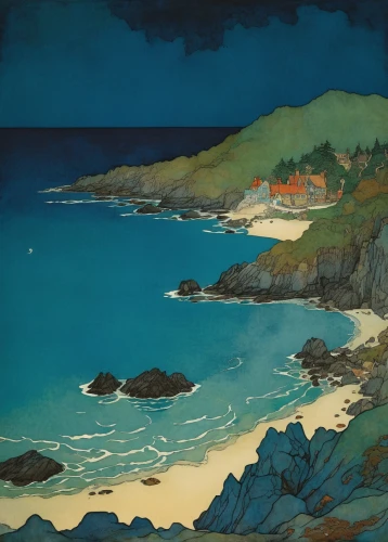 coastal landscape,olle gill,beach landscape,landscape with sea,sea landscape,carmel by the sea,carol colman,carbis bay,edward lear,cove,gower,pebble beach,laguna beach,harris,sea-shore,graeme strom,martin fisher,cliff beach,seaside country,rocky coast,Illustration,Retro,Retro 17