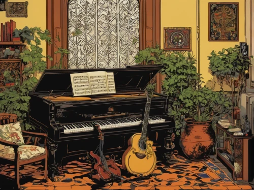 concerto for piano,piano books,the piano,david bates,playing room,music instruments,classical guitar,piano,player piano,spinet,musical instruments,piano player,harpsichord,music instruments on table,grand piano,guitar easel,pianos,fortepiano,string instruments,piano lesson,Illustration,American Style,American Style 06