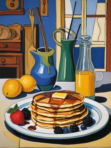 still life with jam and pancakes,breakfast table,david bates,still-life,plate of pancakes,breakfast plate,still life,juicy pancakes,pancakes,carol colman,pancake week,still life of spring,summer still-life,oils,spring pancake,fruit syrup,breton,oil painting on canvas,tableware,oil painting,Art,Artistic Painting,Artistic Painting 05