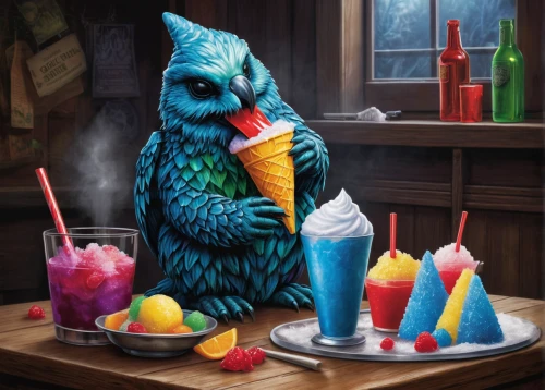 snowcone,snow cone,shaved ice,owl art,owl-real,blue parrot,slurpee,slushy,frozen drink,soda shop,frozen dessert,icy snack,neon ice cream,anthropomorphized animals,owl background,halloween owls,owl,iced-lolly,ice cream shop,fruitcocktail,Conceptual Art,Fantasy,Fantasy 30