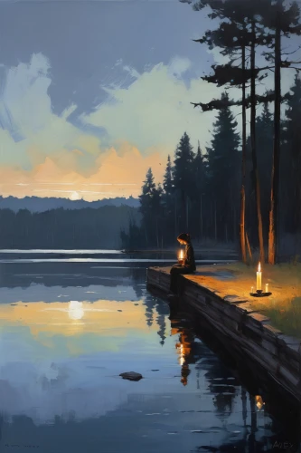 evening lake,lakeside,summer evening,evening atmosphere,lake,digital painting,early evening,the lake,calm water,winter lake,first light,in the evening,the evening light,eventide,tranquility,lake shore,world digital painting,calming,lake view,spring lake,Illustration,Paper based,Paper Based 05