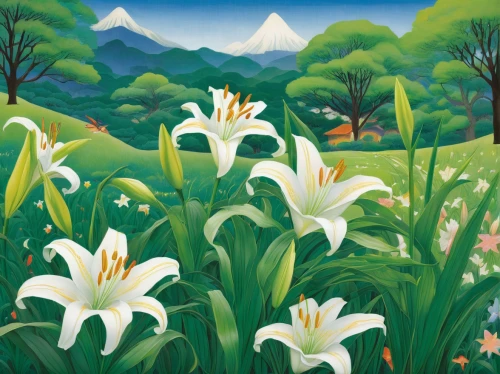 lilies of the valley,lilly of the valley,wild tulips,tulip festival,tulip field,alpine flowers,salt meadow landscape,springtime background,mountain scene,tulip background,flower painting,mountain meadow,spring background,tulips field,alpine meadow,madonna lily,tulipa,lillies,easter lilies,tulips,Illustration,Japanese style,Japanese Style 20