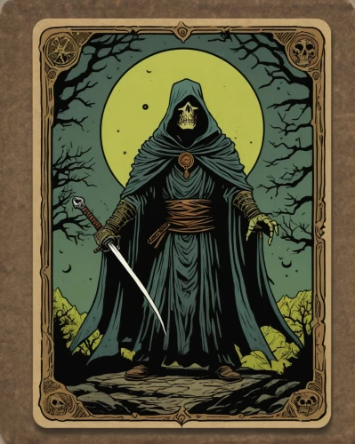 grimm reaper,dance of death,grim reaper,card deck,weaver card,quarterstaff,collectible card game,tarot cards,undead warlock,tarot,game illustration,scythe,magus,playing card,hooded man,master card,danse macabre,frame illustration,frame border illustration,death god,Illustration,Vector,Vector 15