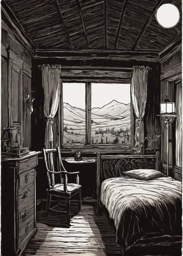 sleeping room,david bates,cabin,wade rooms,bedroom,boy's room picture,the cabin in the mountains,bedroom window,room,rooms,cool woodblock images,railway carriage,book illustration,john day,the little girl's room,abandoned room,japanese-style room,guestroom,hotelroom,attic,Illustration,Black and White,Black and White 02